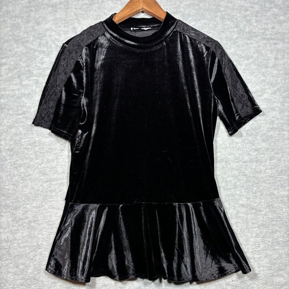 Zara Trafaluc Black Velvet Peplum Top With Lace Detail S‎